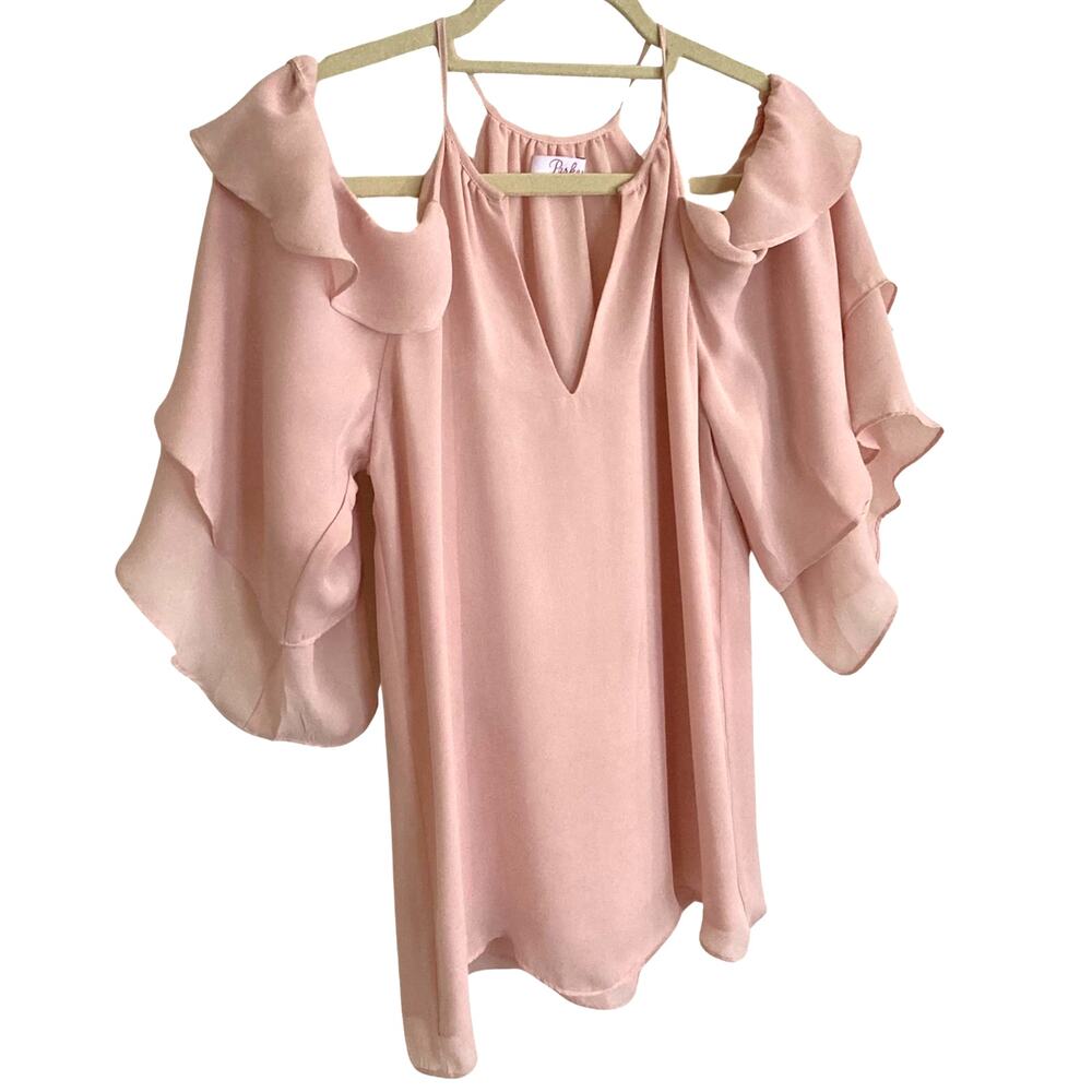 Pink Parker Cold Shoulder Ruffle Blouse, XS